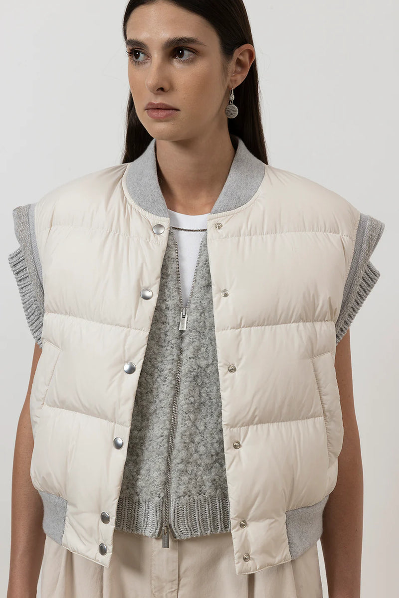 [PESERICO] Short sleeveless down jacket with bomber neck - PEARL BEIGE