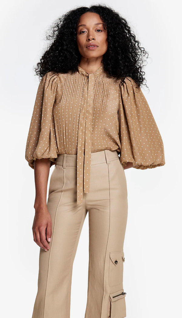 [Smythe] Pleated Tie Neck Blouse- Nude Dot