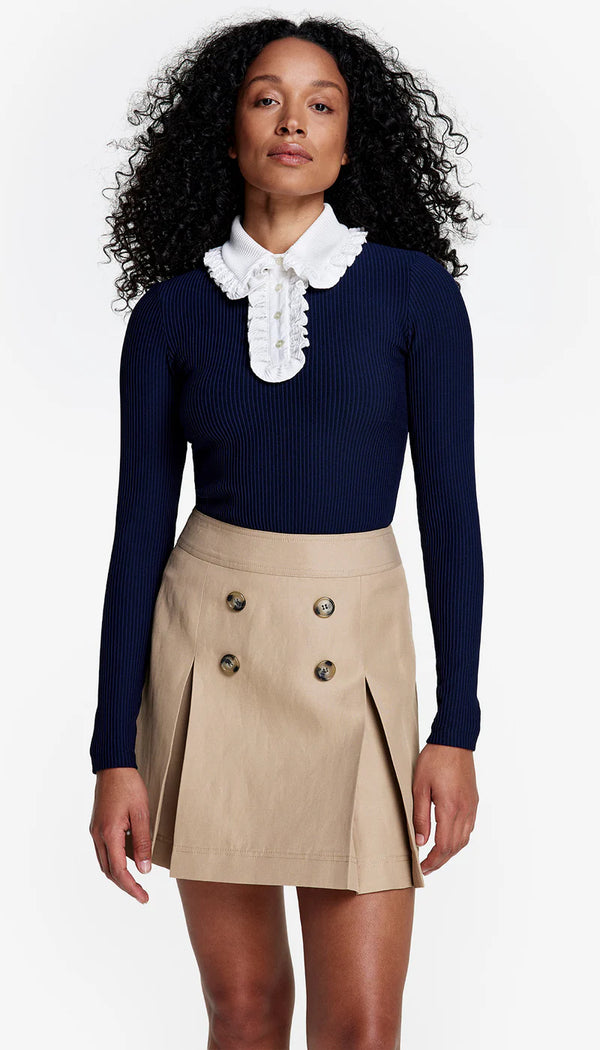 [Smythe] Ruffle Polo Knit Top - Navy/Ivory