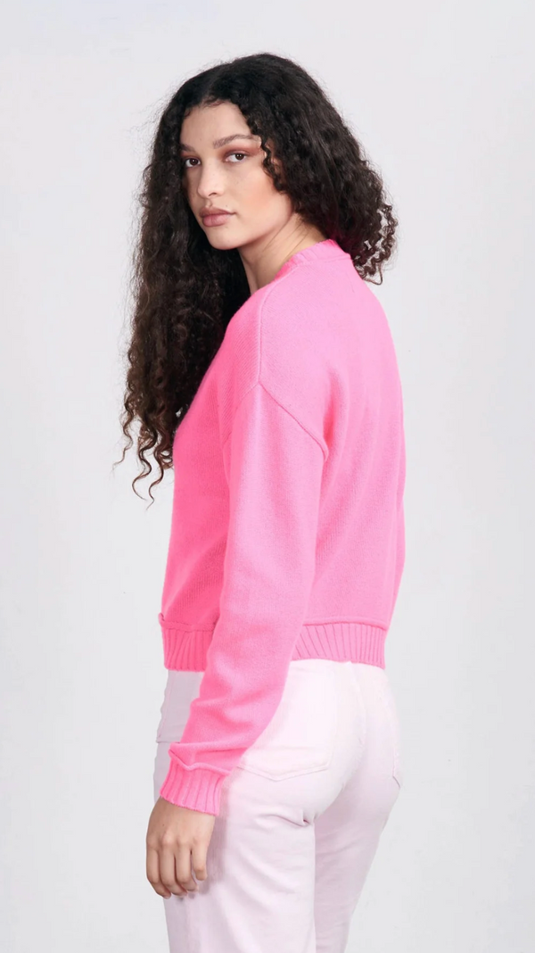 [JUMPER123] BOXY CREW CARDIGAN - NEON PINK