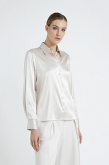 [PESERICO] STRETCH SHINY SILK SATIN SHIRT - PEARL BEIGE