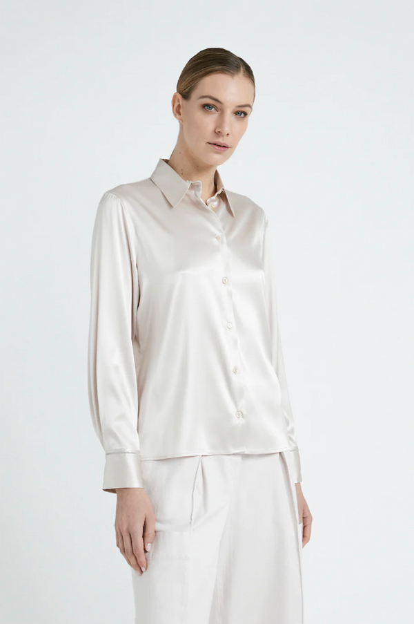 [PESERICO] STRETCH SHINY SILK SATIN SHIRT - PEARL BEIGE