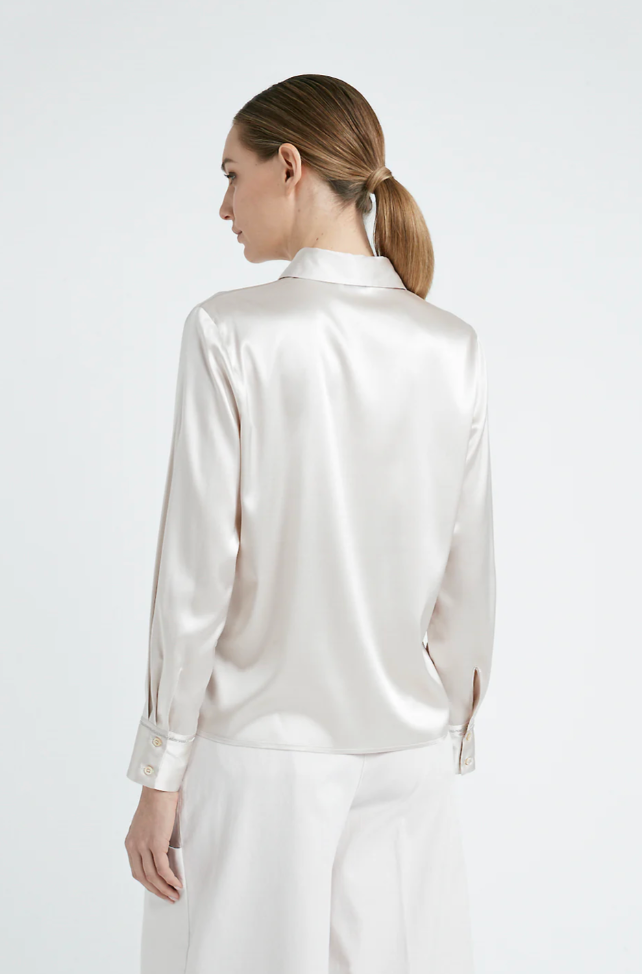 [PESERICO] STRETCH SHINY SILK SATIN SHIRT - PEARL BEIGE