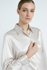 [PESERICO] STRETCH SHINY SILK SATIN SHIRT - PEARL BEIGE