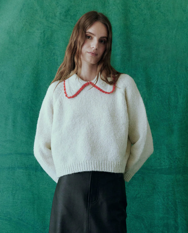 [THE GREAT] The Crochet Collar Pullover - White